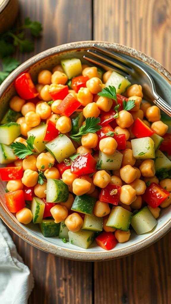 Jennifer Aniston A colorful chickpea salad with cucumbers, bell peppers, and parsley in a rustic bowl on a wooden table.
